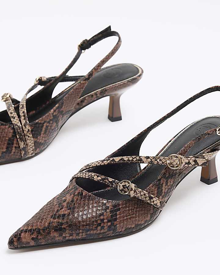 Brown snake print sling back ourt shoes | River Island