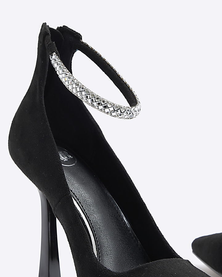 Black diamante strap heeled court shoes River Island