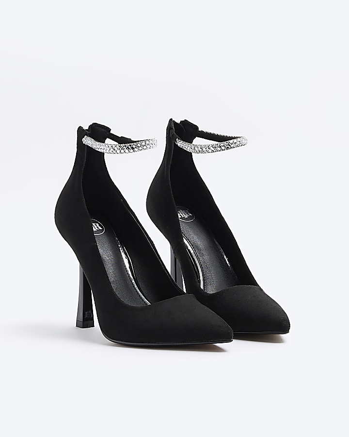 Black diamante strap heeled court shoes River Island