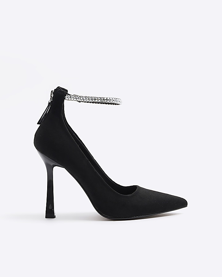Black diamante strap heeled court shoes