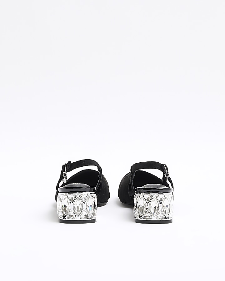 Black crystal heel sling back shoes
