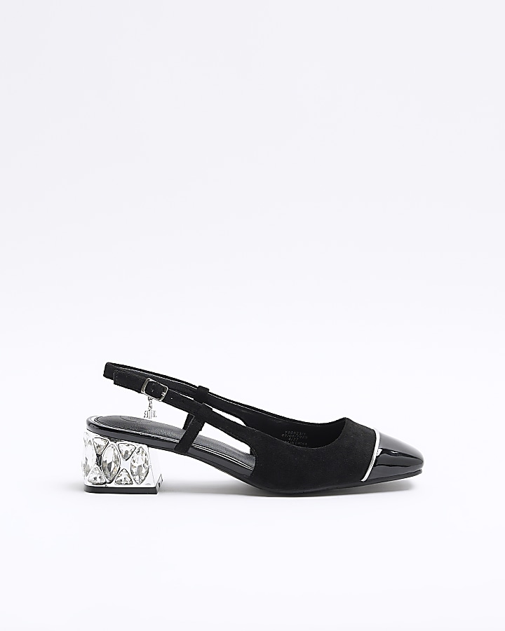 Black crystal heel sling back shoes