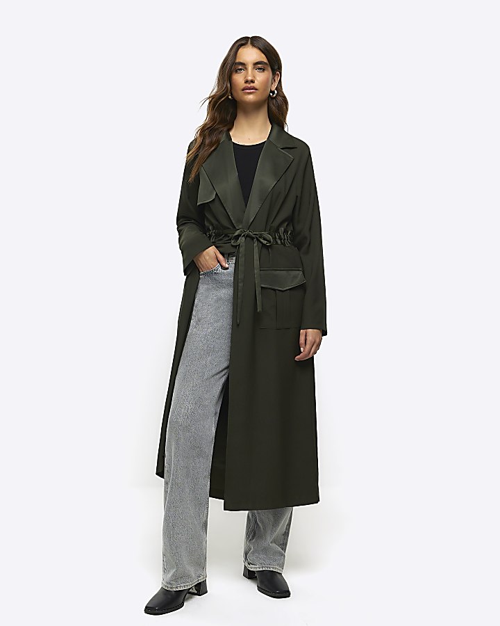 Khaki satin belted longline duster coat