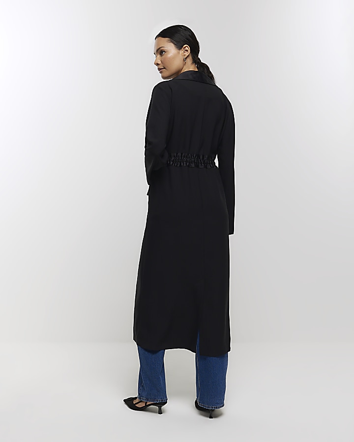 Black satin longline duster coat