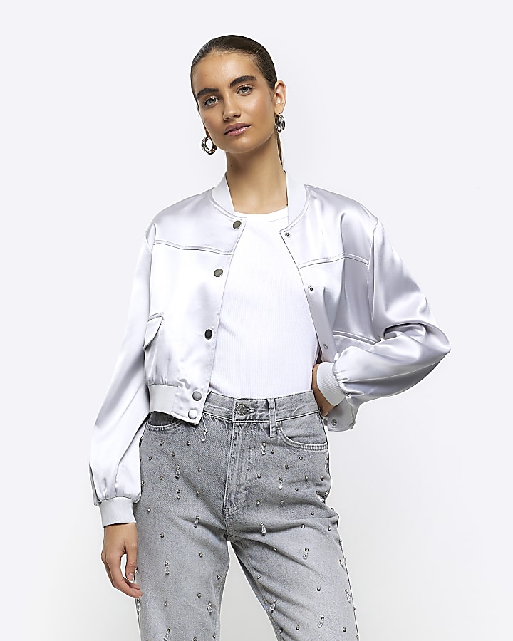 Silver satin tailored bomber jacket | River Island