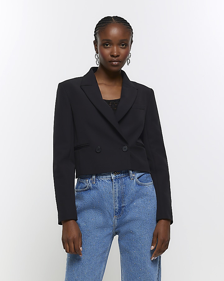 Black crop blazer | River Island