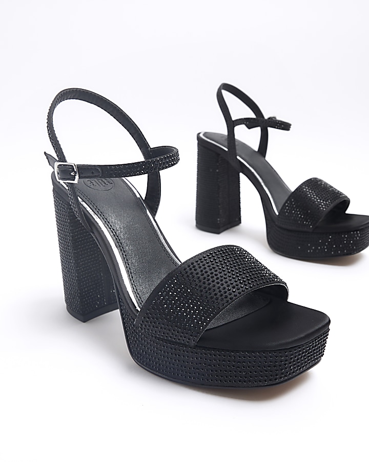 Black diamante block heeled sandals