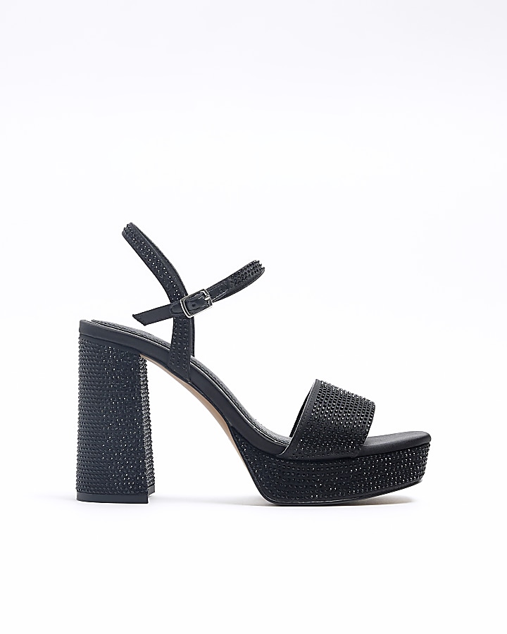 Black diamante block heeled sandals