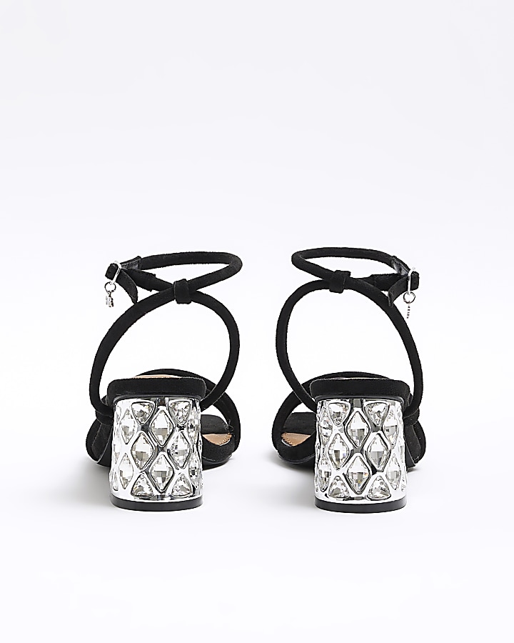 Black diamante heel strappy sandals