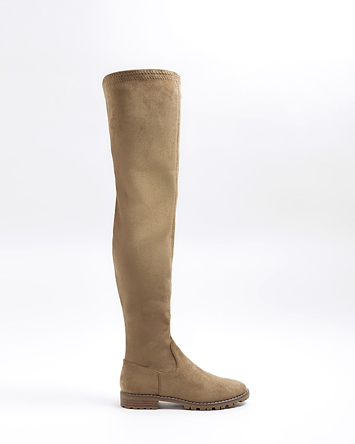 Beige suedette over the knee boots | River Island