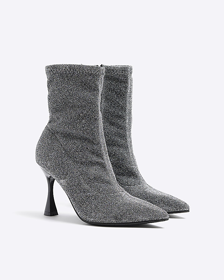 Silver glitter heeled ankle boots | River Island