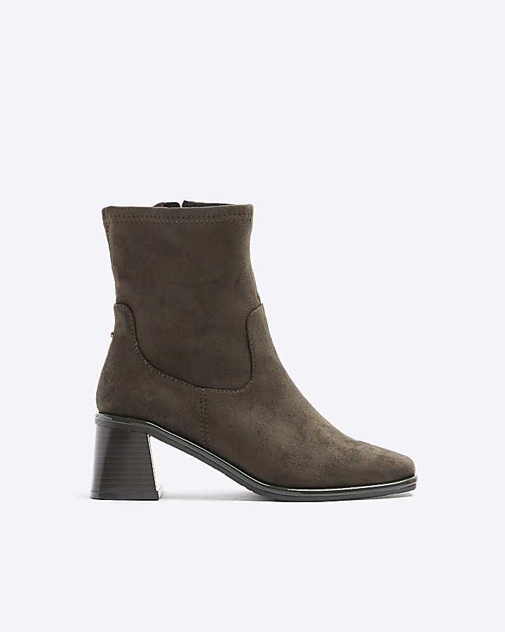 Khaki block heel ankle boots