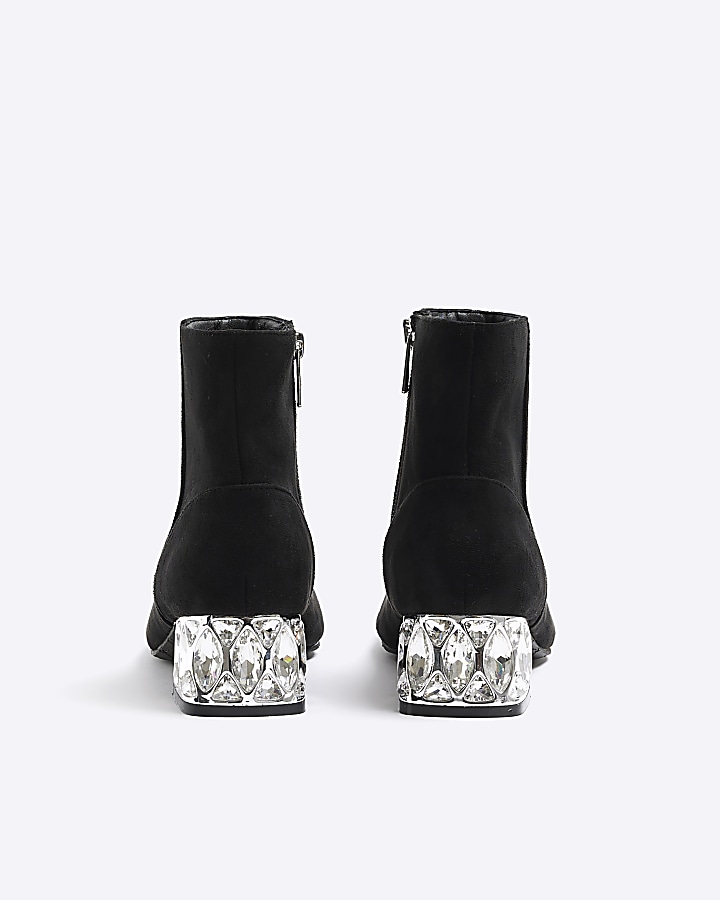 Black suedette diamante heel ankle boots
