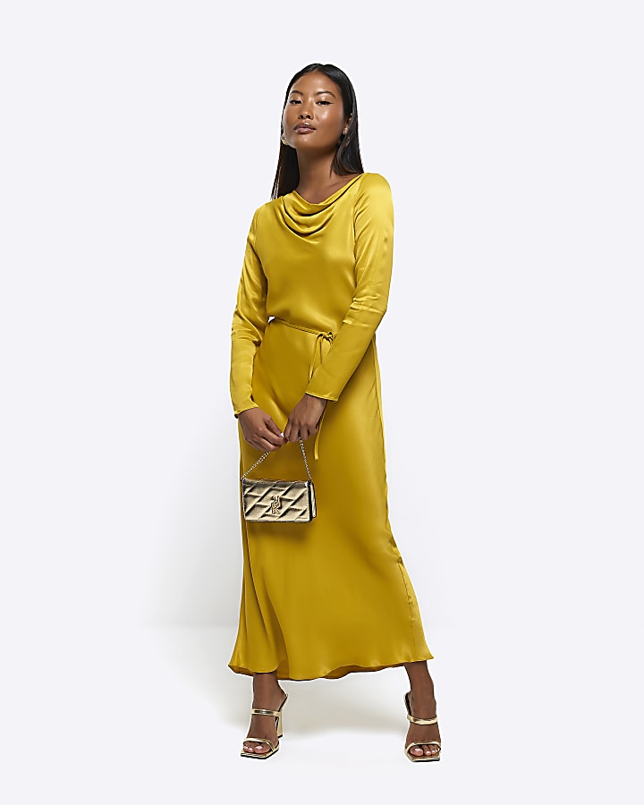 Petite yellow satin bodycon maxi dress River Island