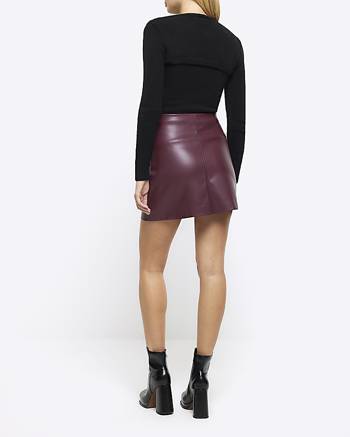Red faux leather buckle wrap mini skirt