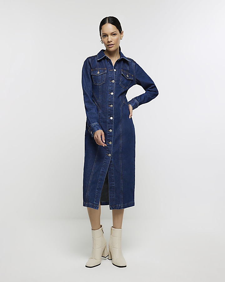 Blue denim midi shirt dress | River Island