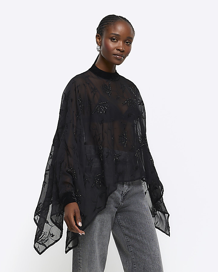 Black embellished cape top | River Island