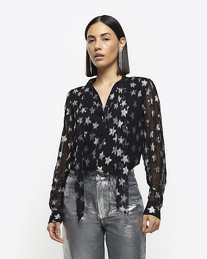 Black star long sleeve blouse