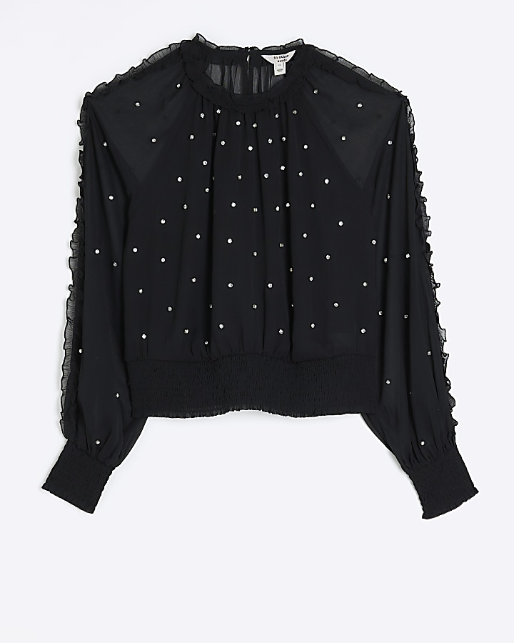 Black embellished shirred blouse
