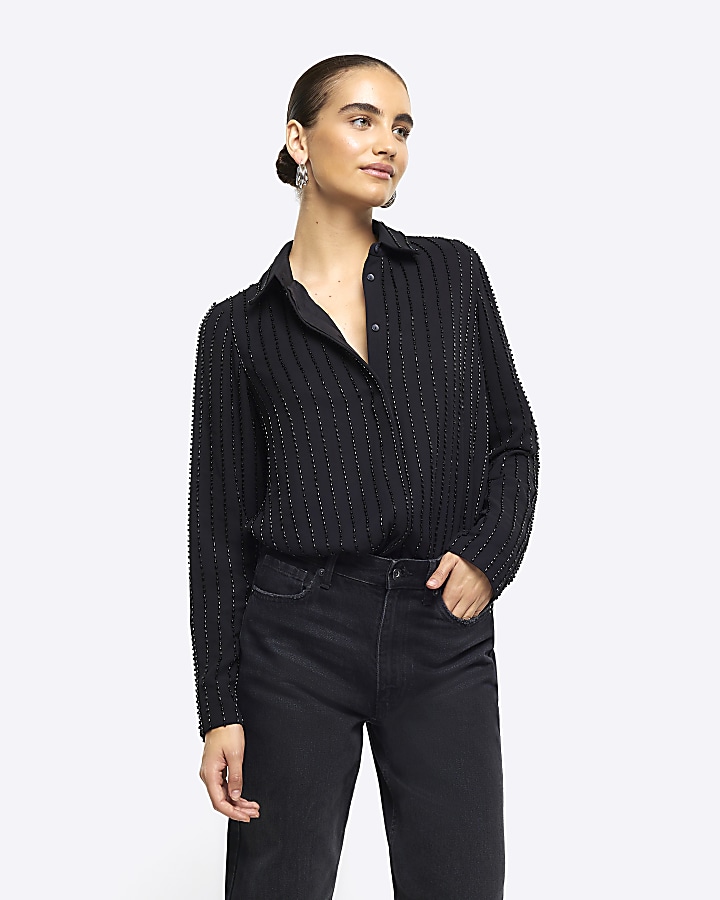 Black beaded long sleeve shirt