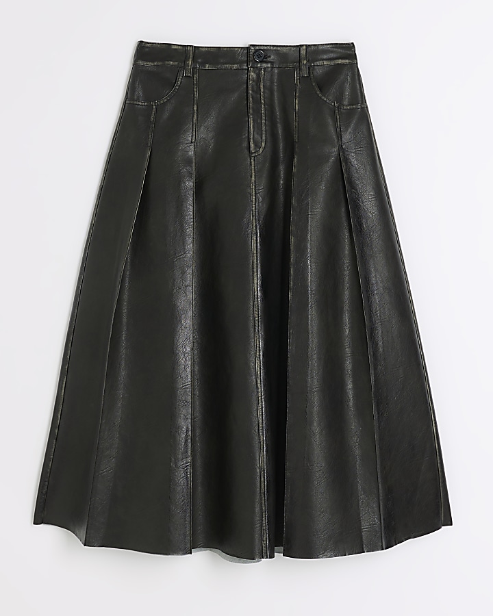 Black faux leather distressed midi skirt