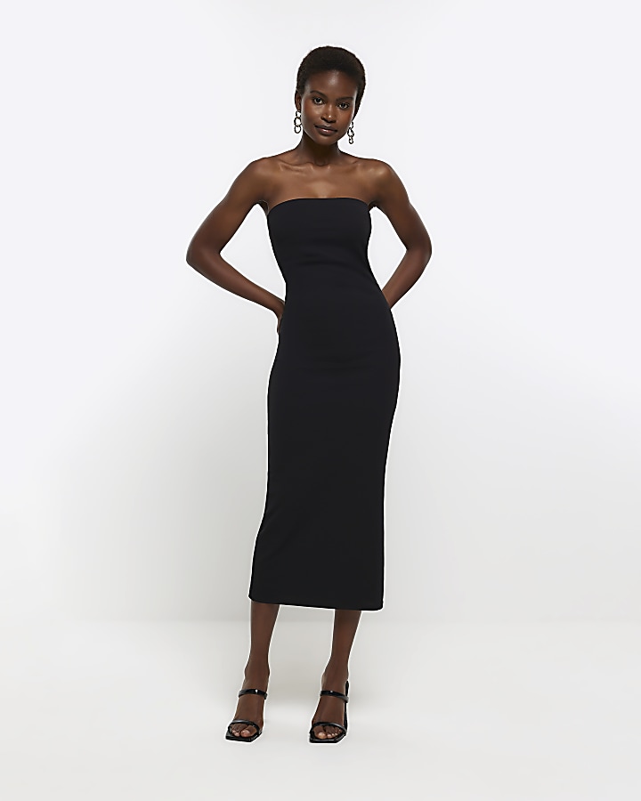 Black bandeau bodycon midi dress | River Island