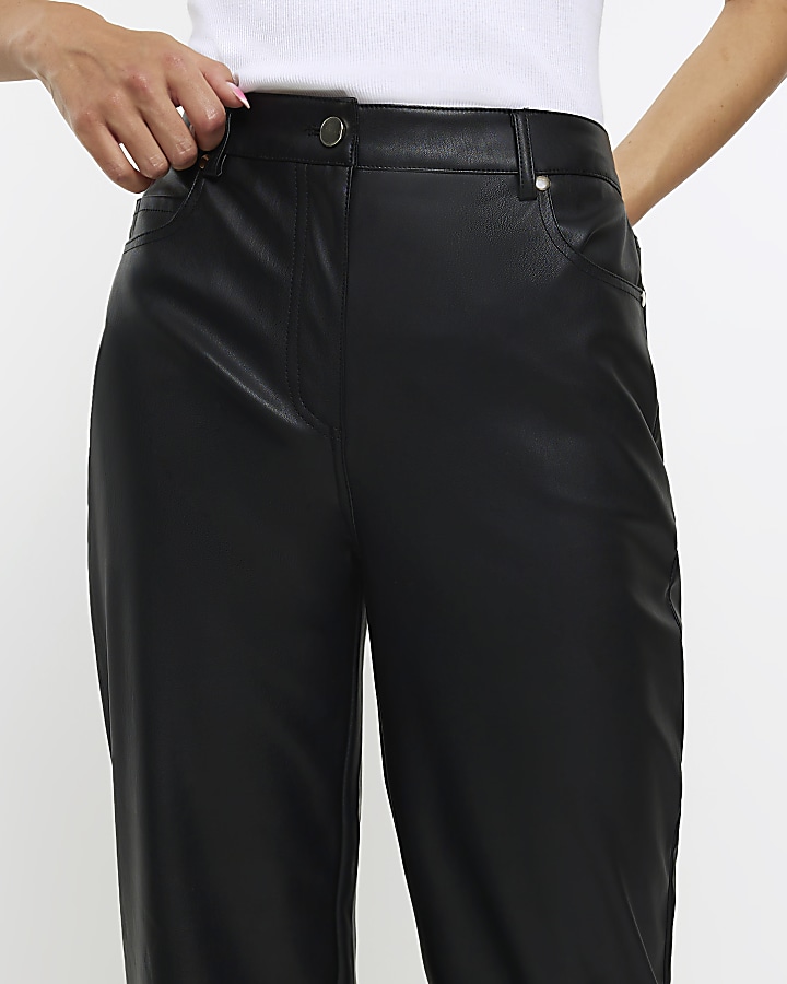 Black faux leather relaxed straight trousers