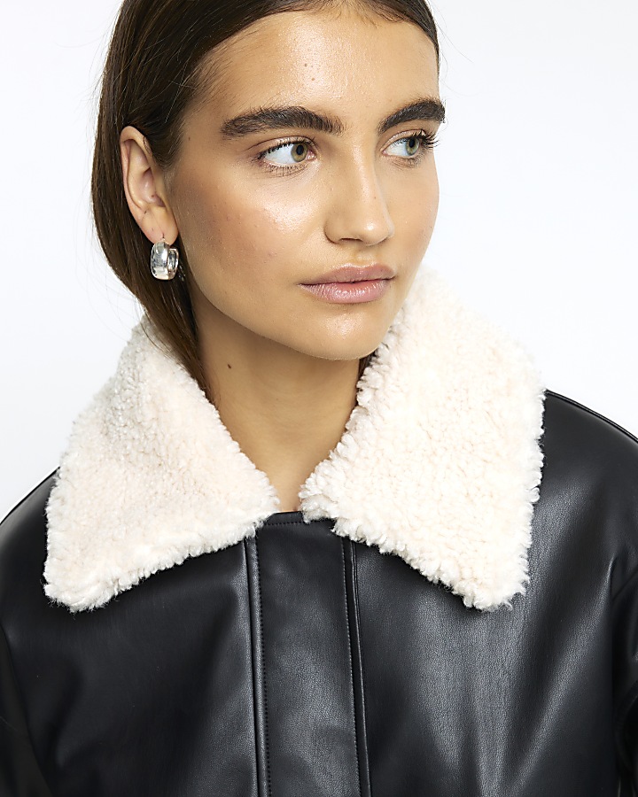Black Faux leather shearling bomber jacket