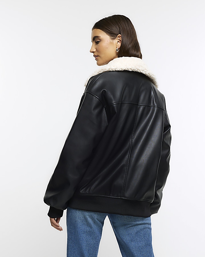 Black Faux leather shearling bomber jacket River Island