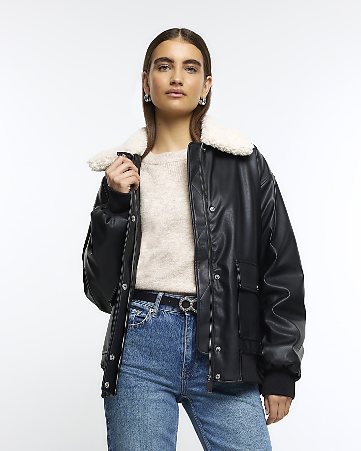 Black Faux leather shearling bomber jacket