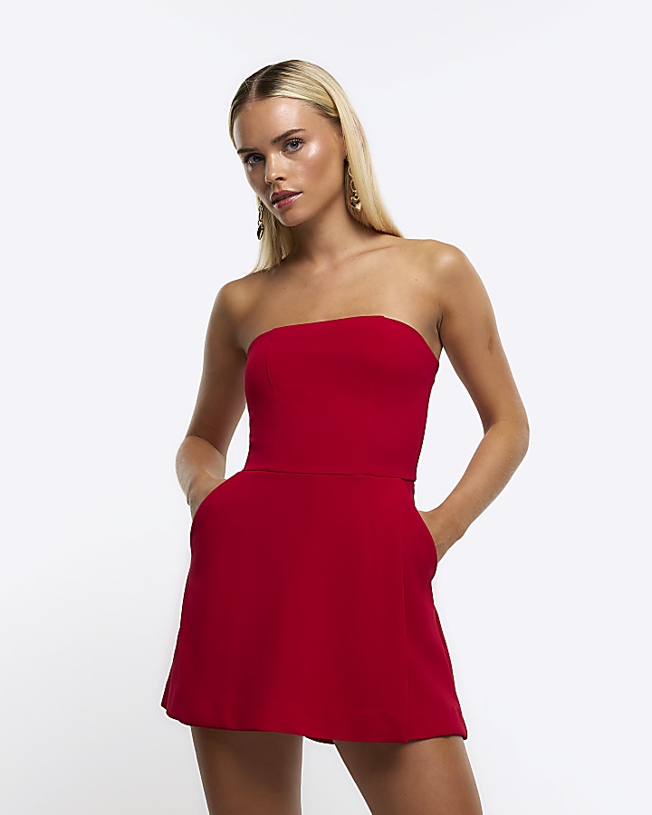 Petite red bandeau skort playsuit