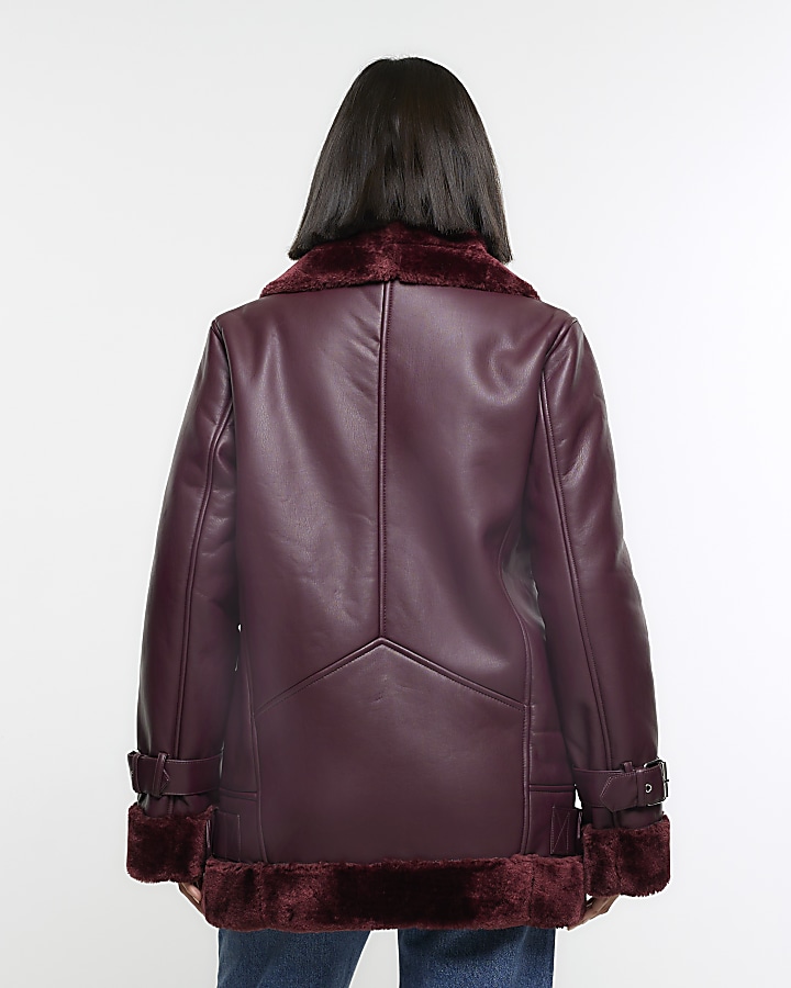 Red faux leather aviator jacket
