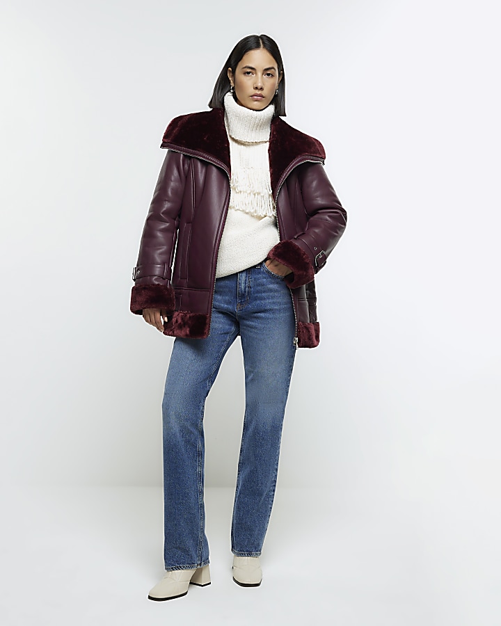 Red faux leather aviator jacket | River Island