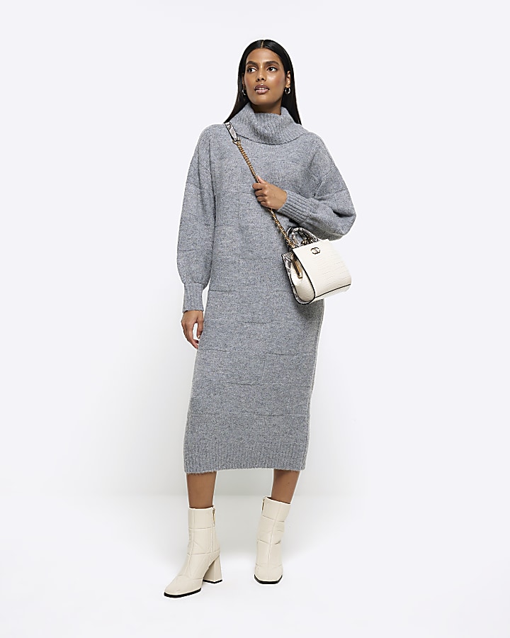 Grey textured roll neck jumper midi dress