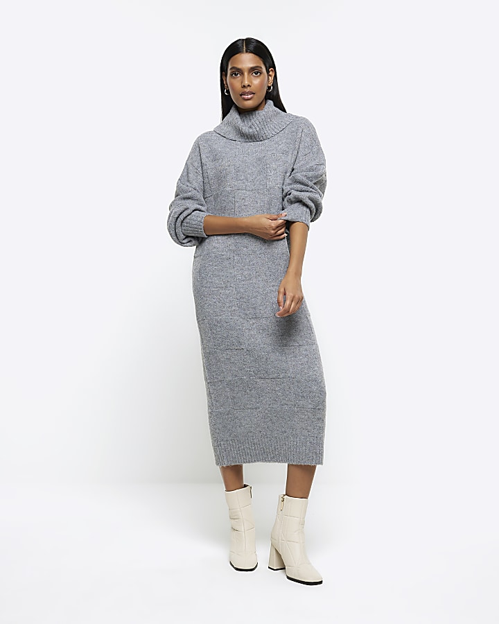 Grey textured roll neck jumper midi dress | River Island