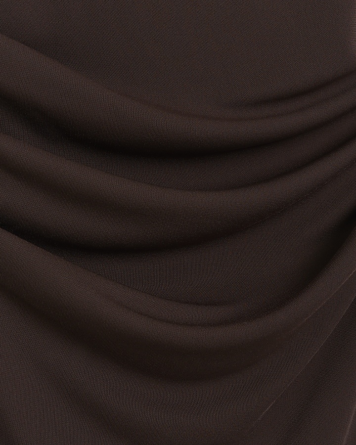 Brown drape detail bodycon midi dress