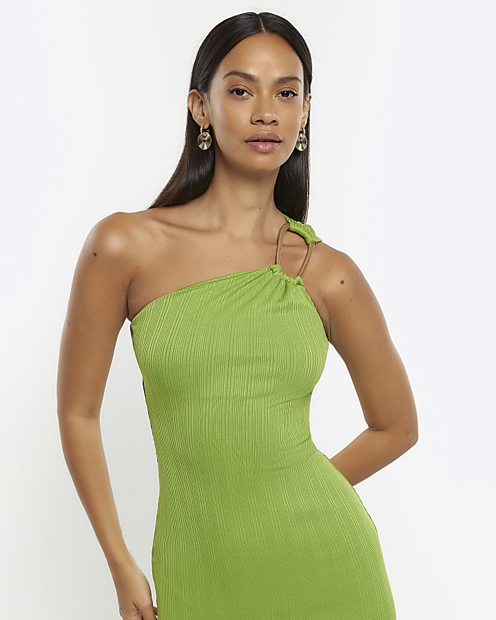 Green one shoulder bodycon midi dress