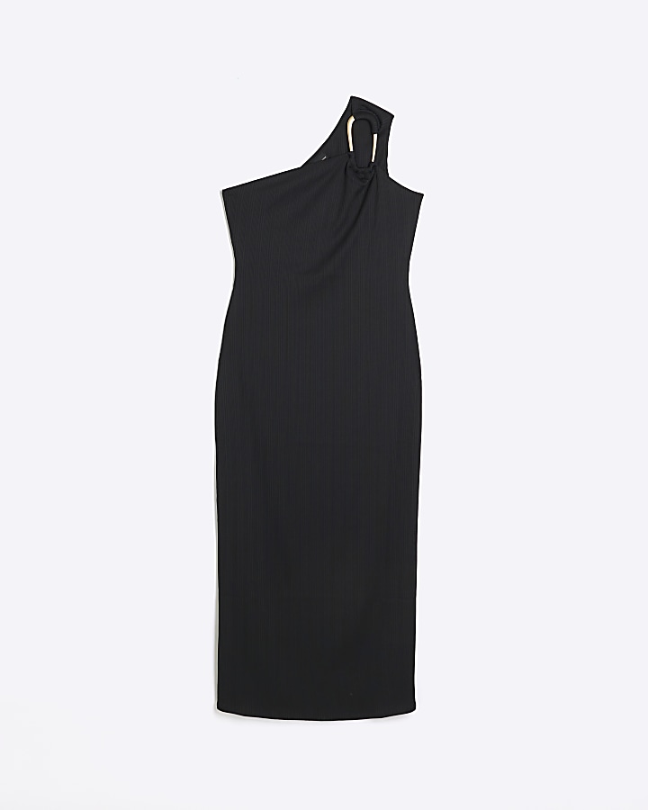 Black one shoulder bodycon midi dress