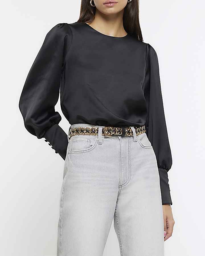 Black satin long sleeve blouse