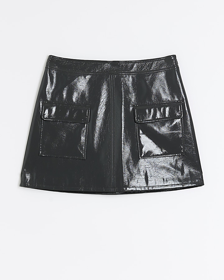 Grey patent utility mini skirt