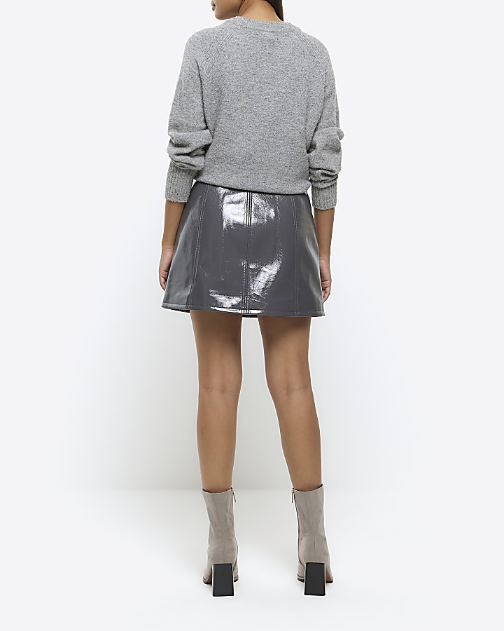 Grey patent utility mini skirt