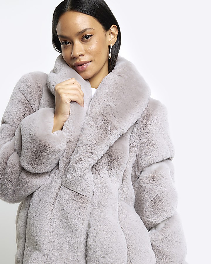 Grey panelled faux fur coat | River Island
