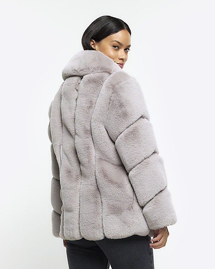 Grey panelled faux fur coat River Island