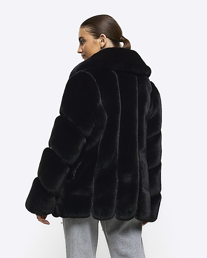 Black panelled faux fur coat