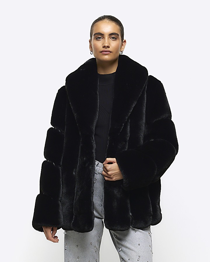 Black panelled faux fur coat