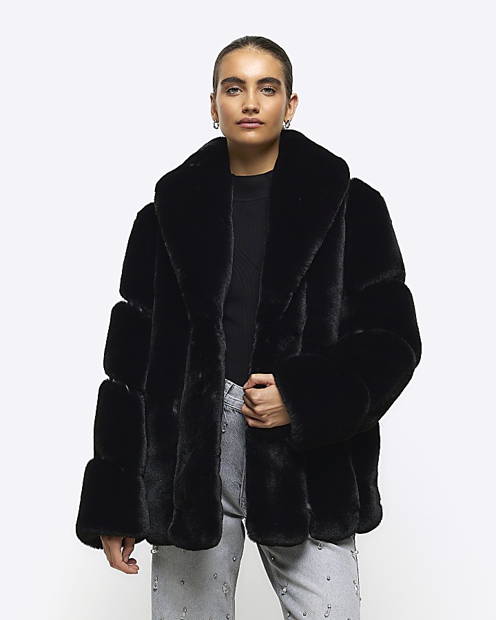 Black faux fur store jacket river island