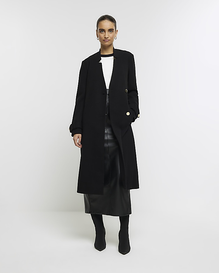 Black notch belted wrap coat