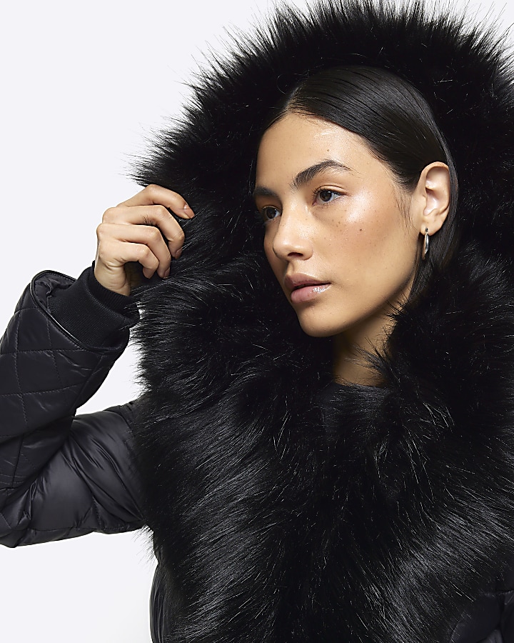 Black faux fur collar padded coat | River Island