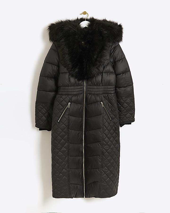 Black faux fur collar padded coat | River Island