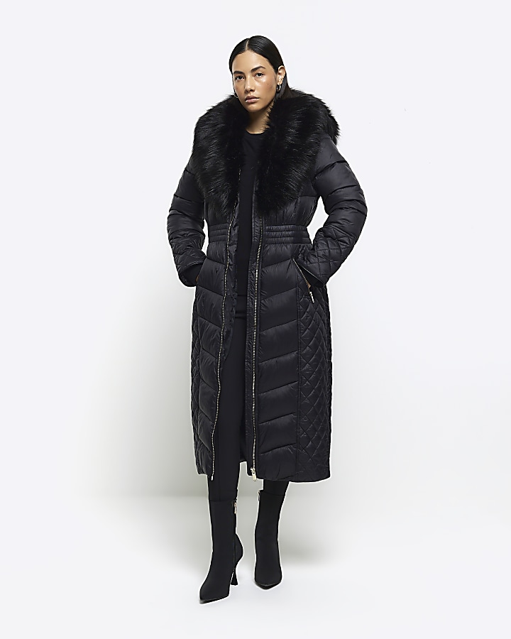 Black faux cheap fur padded coat